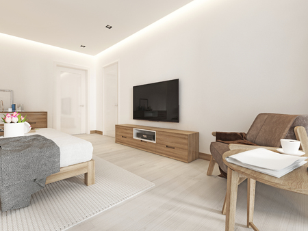 Modern light bedroom with wooden furniture in Scandinavian style. 3D renderingの写真素材