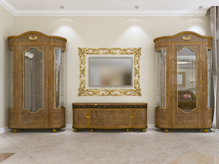 A set of furniture in a classic style in a modern living room. Sideboard with media storage and TV. 3D rendering.の写真素材