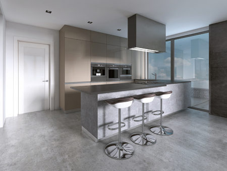 Contemporary kitchen with large windows and island with bar stools. 3D rendering.の写真素材