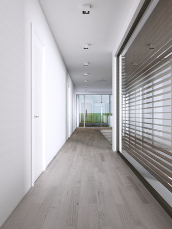 Corridor in a modern house with large windows. 3D renderingの写真素材