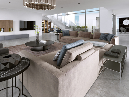 Large modern living room open space in a modern style. 3D rendering