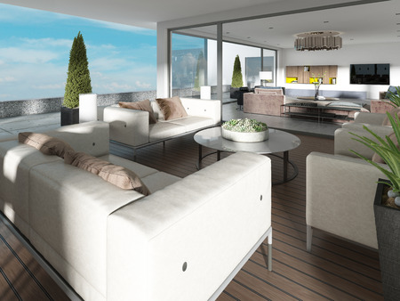 Covered terrace with modern furniture and flowerpots. 3d rendering.の写真素材