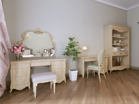 Furniture in the bedroom, bookcase, work and dressing table. 3D renderingの写真素材