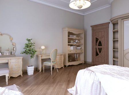 Luxurious bedroom with two single beds in a classic style. With a bookcase, TV and dressing table. 3D rendering.の写真素材