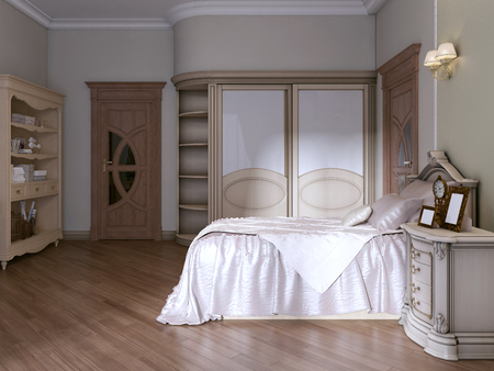Luxurious bedroom with two single beds in a classic style. With a bookcase, TV and dressing table. 3D rendering.の写真素材