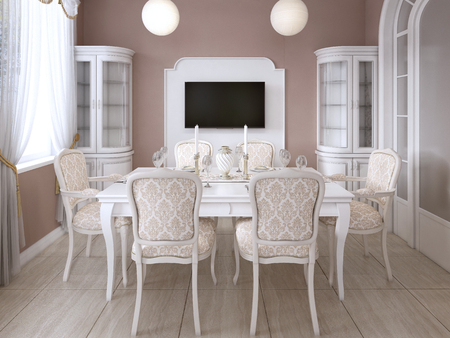 Dining room with white table and chairs for six people with two sideboards and a TV. 3D rendering.の写真素材