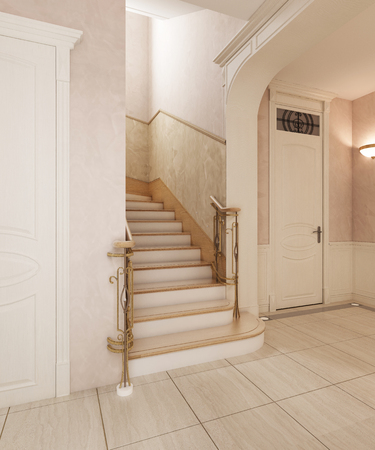 The foyer is in classical style, with a marble floor and beige wooden squares on the walls. Built-in ceiling light. 3D rendering.の写真素材