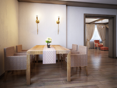 Dining table is a rustic style with rattan chairs for four persons. 3D rendering.の写真素材