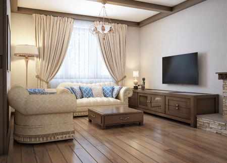 Living room in a rustic style with soft furniture and a large fireplace with classic elements. 3D rendering.の写真素材