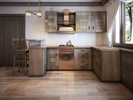 Kitchen rustic style with a dining table and wooden furniture. 3D rendering.の写真素材