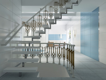 White staircase with forged rails in the pool. 3D rendering.の写真素材
