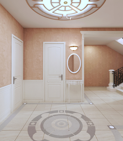 Hall corridor in classic style in pink pastel colors. 3D rendering.の写真素材
