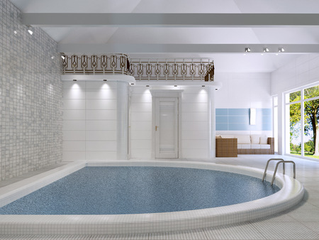 The interior of the pool in a private house is modern in style. 3D rendering.の写真素材