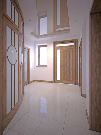 Hallway Corridor with doors and white walls in a classic style. 3D rendering.の写真素材