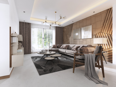 Luxurious living room in Contemporary style with wooden decorative panel on the wall. Studio apartment with a sofa and a dining table. 3D rendering.の写真素材