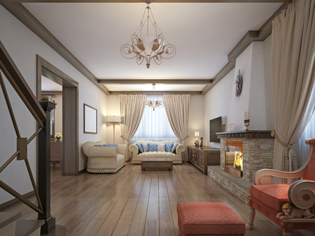 Living room in a rustic style with soft furniture and a large fireplace with classic elements. 3D rendering.の写真素材