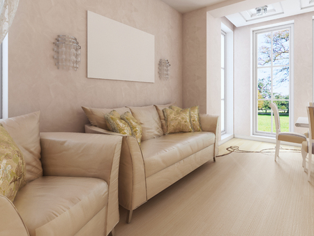 Classic soft furniture near the wall in the living room, with a picture and an aquarium. 3D rendering.の写真素材