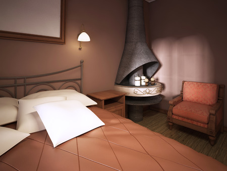 A dark maroon bedroom in rustic style with a fireplace with a wrought-iron bed. 3D rendering.の写真素材