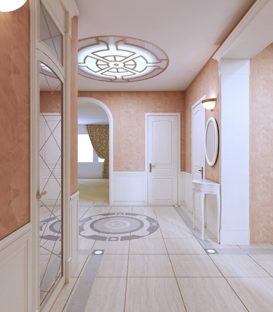Hall corridor in classic style in pink pastel colors. 3D rendering.の写真素材