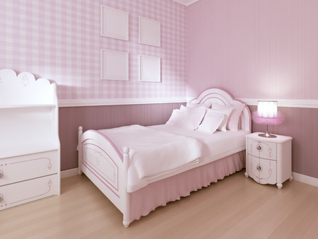 Children's white bed in a classic interior for a teenage girl in pastel colors. 3D rendering.の写真素材