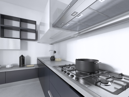 Luxurious Contemporary kitchen with gray matte furniture in white interior. 3D rendering.の写真素材