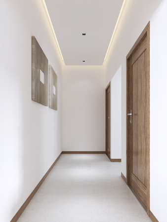 White corridor in a modern style with wooden fittings. 3D rendering.の写真素材
