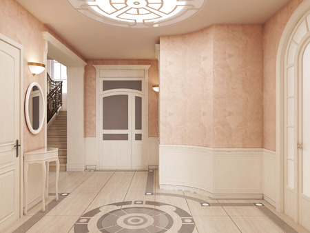 The interior of the lobby is in classical style in cream colors, with a marble pattern on the floor and access to the stairs. 3D rendering.の写真素材