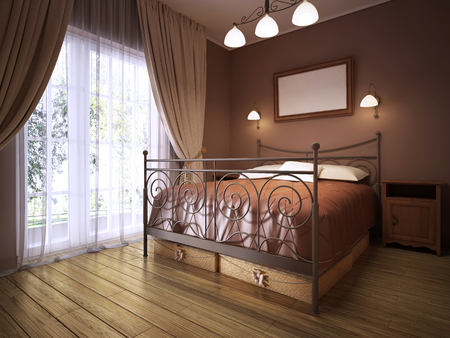 A dark maroon bedroom in rustic style with a fireplace with a wrought-iron bed. 3D rendering.の写真素材