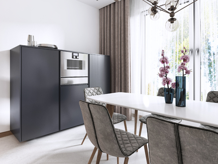 Kitchen-dining room contemporary style in white and gray with large windows and built-in appliances in the furniture. 3D rendering.の写真素材