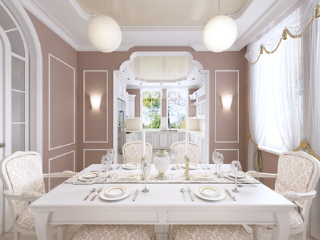Kitchen-dining room in classic style, in postel colors with white kitchen furniture and built-in appliances. 3D rendering.の写真素材