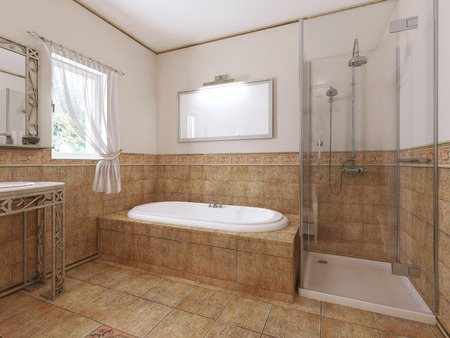 Bathroom in a classic style with modern plumbing and furniture with a flowerpot. 3D rendering.の写真素材