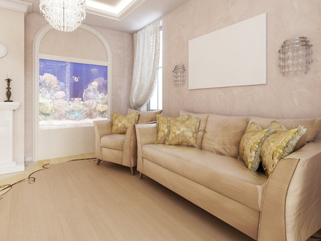 Classic soft furniture near the wall in the living room, with a picture and an aquarium. 3D rendering.の写真素材