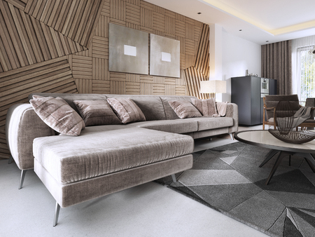 Luxurious soft sofa in the living room modern style with a table and a lamp. 3D rendering.の写真素材