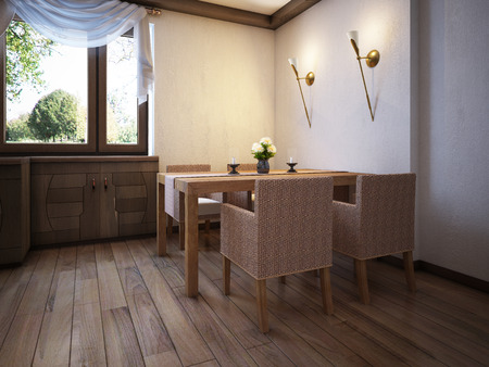 Kitchen rustic style with a dining table and wooden furniture. 3D rendering.の写真素材