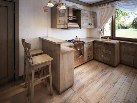 Kitchen rustic style with a dining table and wooden furniture. 3D rendering.の写真素材