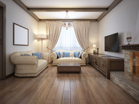 Living room in a rustic style with soft furniture and a large fireplace with classic elements. 3D rendering.の写真素材