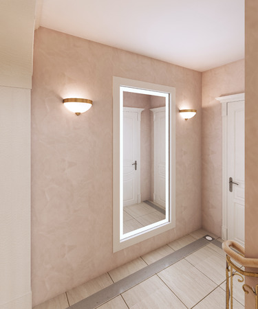 Corridor with a mirror and a staircase to the second floor in a classic style. Wooden steps and bronze handrails. 3d renderingの写真素材