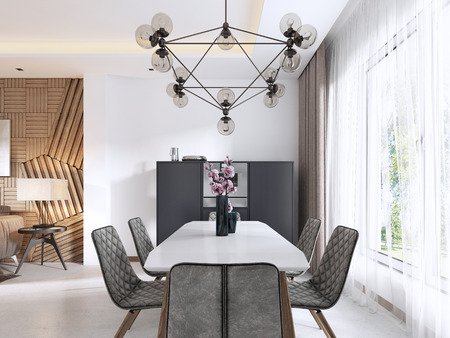 Dining room in Contemporary style with modern chairs and a table by the large window. 3D rendering.の写真素材