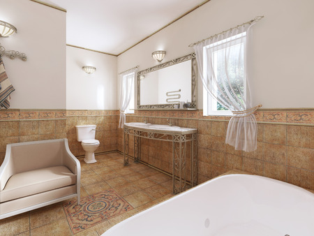 Bathroom in a classic style with modern plumbing and furniture with a flowerpot. 3D rendering.の写真素材