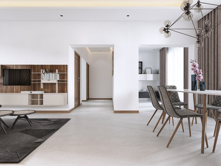 Modern dining table, contemporary living room in light colors with large windows. 3D rendering.の写真素材