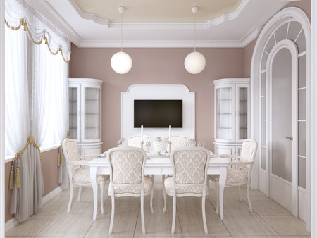 Dining room with white table and chairs for six people with two sideboards and a TV. 3D rendering.の写真素材