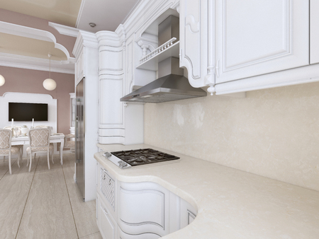 Kitchen-dining room in classic style, in postel colors with white kitchen furniture and built-in appliances. 3D rendering.の写真素材