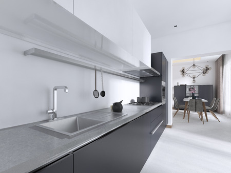 Luxurious Contemporary kitchen with gray matte furniture in white interior. 3D rendering.の写真素材