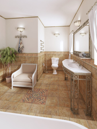 Bathroom in a classic style with modern plumbing and furniture with a flowerpot. 3D rendering.の写真素材