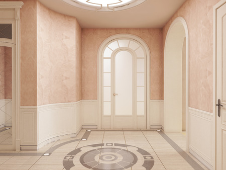 The interior of the lobby is in classical style in cream colors, with a marble pattern on the floor and access to the stairs. 3D rendering.の写真素材