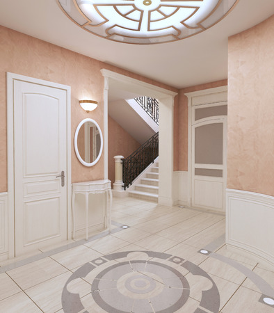 Hall corridor in classic style in pink pastel colors. 3D rendering.の写真素材