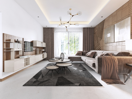 Luxurious living room in Contemporary style with wooden decorative panel on the wall. Studio apartment with a sofa and a dining table. 3D rendering.の写真素材