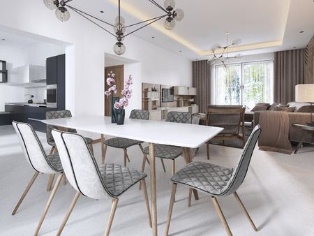Modern dining table, contemporary living room in light colors with large windows. 3D rendering.の写真素材