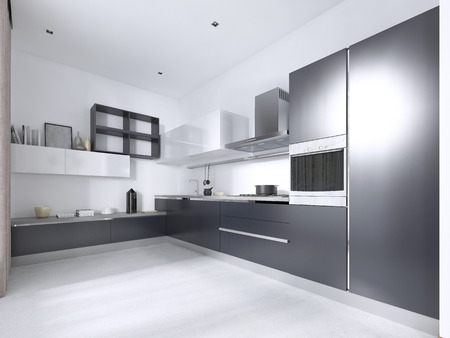 Luxurious Contemporary kitchen with gray matte furniture in white interior. 3D rendering.の写真素材