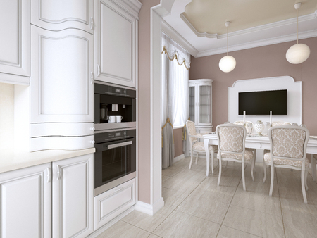 Kitchen-dining room in classic style, in postel colors with white kitchen furniture and built-in appliances. 3D rendering.の写真素材